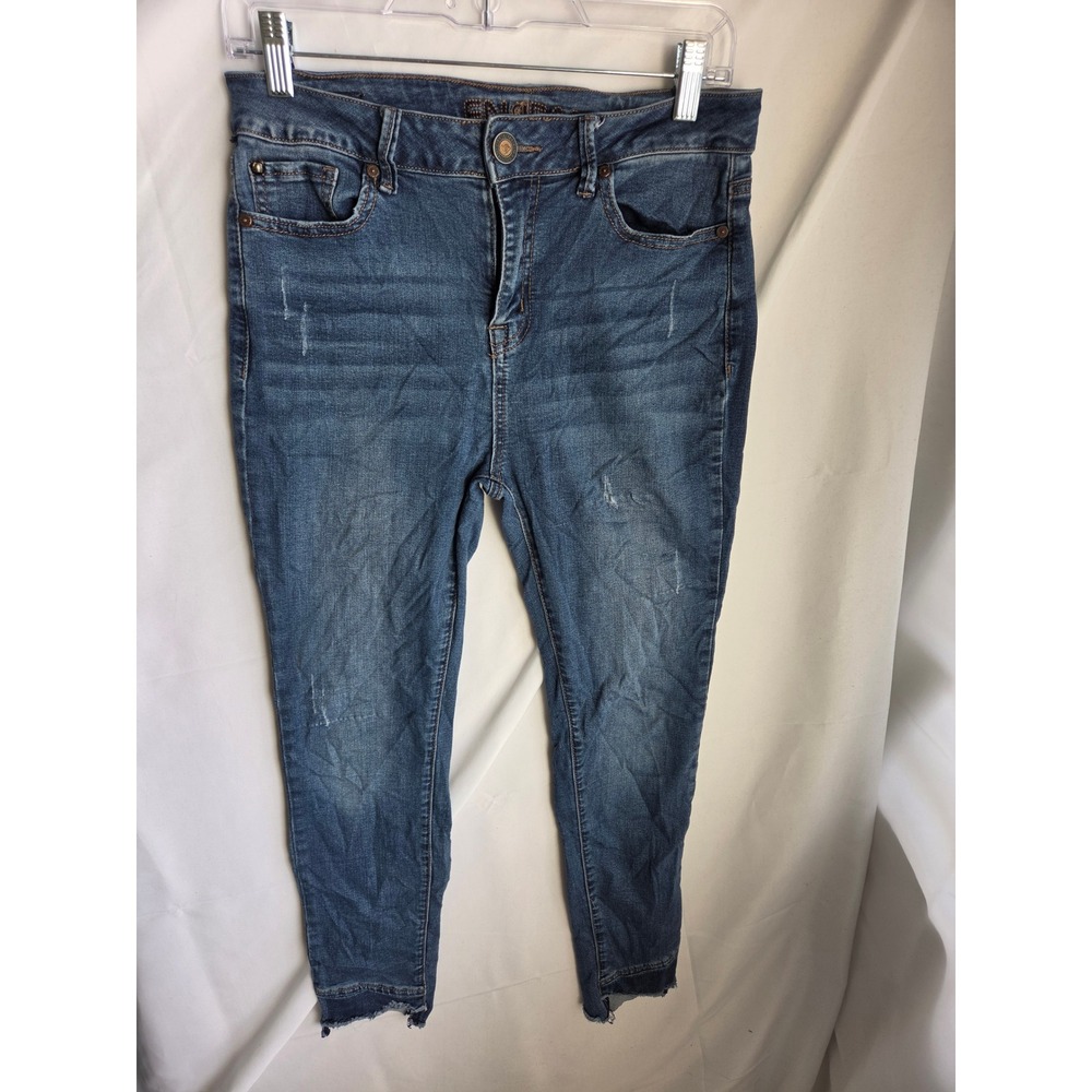 Enjean Womens High Rise Skinny Jeans Medium Wash Raw Hem Distressed